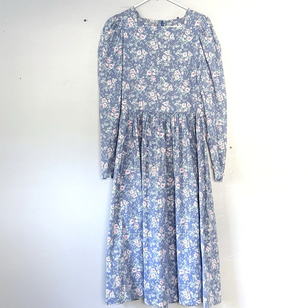 Vintage Laura Ashley Dress UK 14 US 12 Blue Pink Long Sleeve Cottagecore Modest